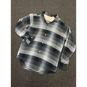 VTG 1960s Arrow Chevella Shirt Blue Shadow Plaid Loop Collar Rayon Men's Large